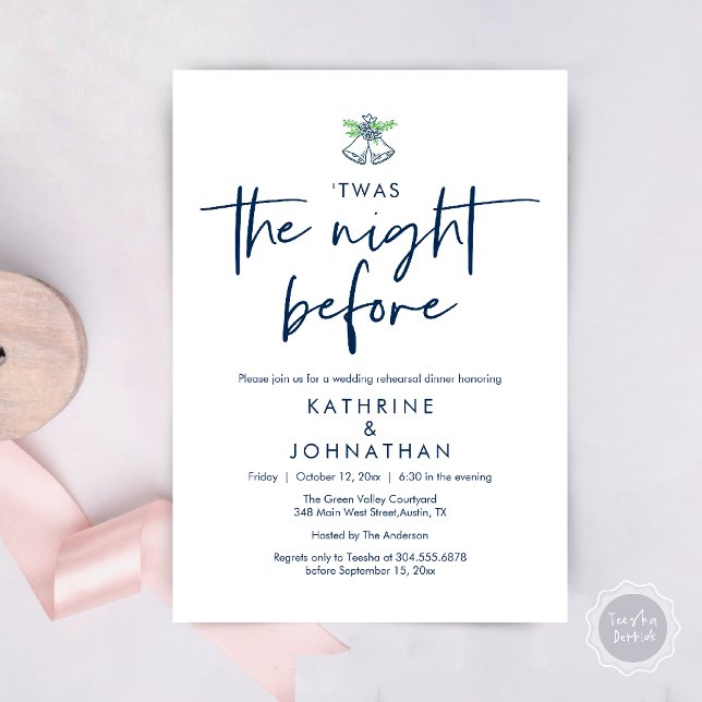 Das war die Nacht vor der Hochzeit Probe Dinner Einladung (Twas The Night Before Wedding Rehearsal Dinner Party Invites Card mistletoe wedding bell navy blue)