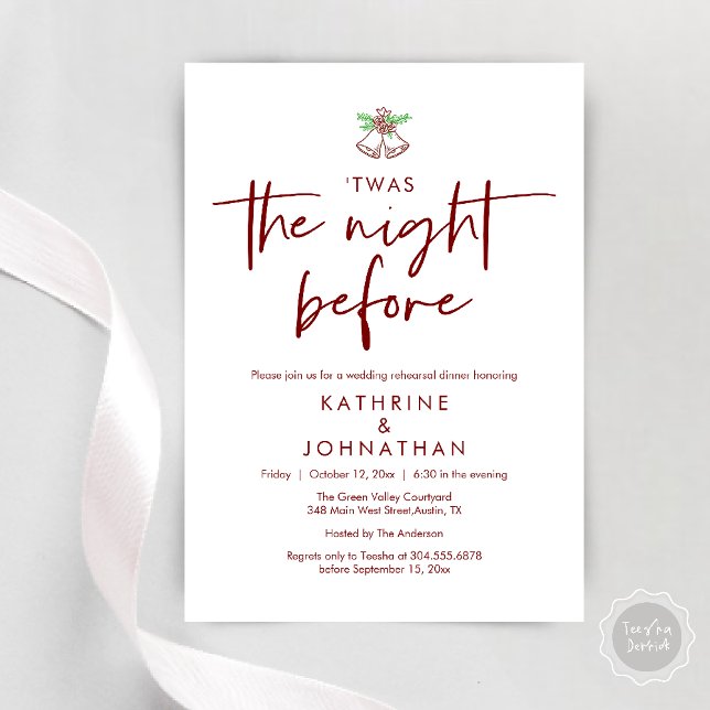 Das war die Nacht vor der Hochzeit Probe Dinner Einladung (Twas The Night Before Wedding Rehearsal Dinner Party Invites Card mistletoe wedding bell burgundy)