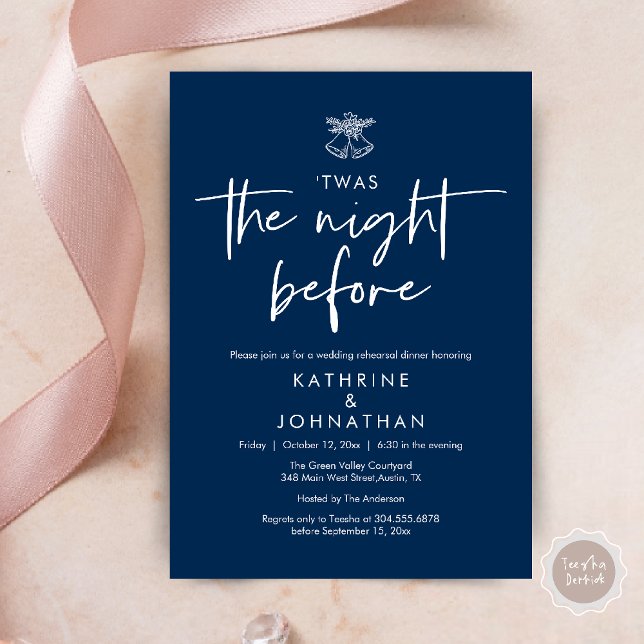 Das war die Nacht vor der Hochzeit Probe Dinner Einladung (Twas The Night Before Wedding Rehearsal Dinner Party Invites Card mistletoe wedding bell navy blue)