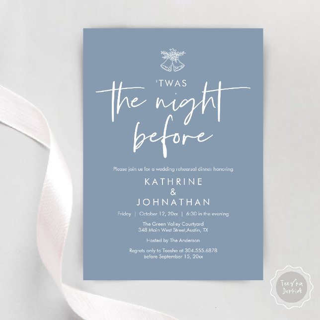Das war die Nacht vor der Hochzeit Probe Dinner Einladung (Twas The Night Before Wedding Rehearsal Dinner Party Invites Card mistletoe wedding bell dusty blue)