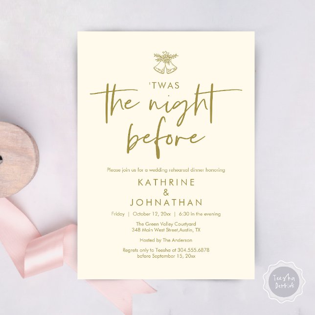 Das war die Nacht vor der Hochzeit Probe Dinner Einladung (Twas The Night Before Wedding Rehearsal Dinner Party Invites Card mistletoe wedding bell Yellow Gold)