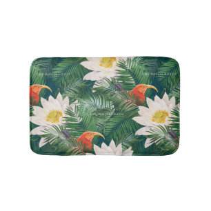 Das weiße Lotus tropische Vögel & Lotus Muster Badematte