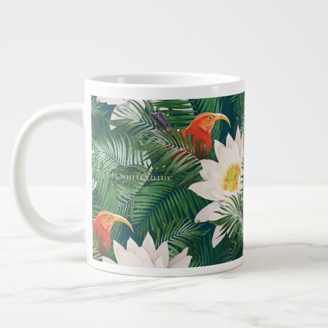 Das weiße Lotus tropische Vögel & Lotus Muster Jumbo-Tasse (Links)