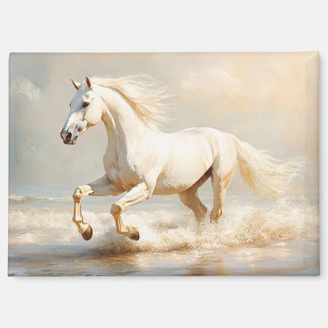 Das weiße Pferd läuft am Strand Magnet (Vorderseite)