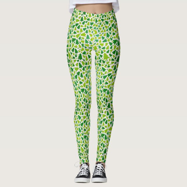 Das weiße und grüne Weihnachtsbaummuster Leggings (Vorderseite)