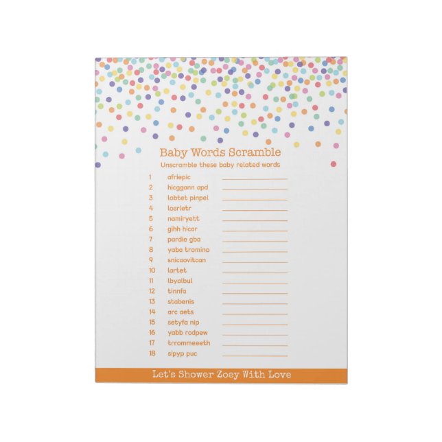 Das Word Scramble Confetti Baby Showspiel Notizblock (Rotiert)