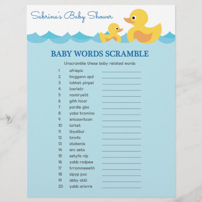 Das Word Scramble Rubber Duck Baby Showspiel (Vorderseite)