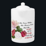 Das Wort Gottes wird ewig dauern<br><div class="desc">Schöne Christlich inspirierende Porzellanteekanne mit bedrucktem Bild eines Gemäldes von hübschen Rose in Rot und Weiß. Dieser Teekessel hat die Schrift Jesaja 40:8. "Das Gras hält sich, die Blume werden verblassen, aber das Wort Gottes wird für immer bestehen bleiben.</div>