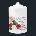 Das Wort Gottes wird ewig dauern<br><div class="desc">Schöne Christlich inspirierende Porzellanteekanne mit bedrucktem Bild eines Gemäldes von hübschen Rose in Rot und Weiß. Dieser Teekessel hat die Schrift Jesaja 40:8. "Das Gras hält sich,  die Blume werden verblassen,  aber das Wort Gottes wird für immer bestehen bleiben.</div>