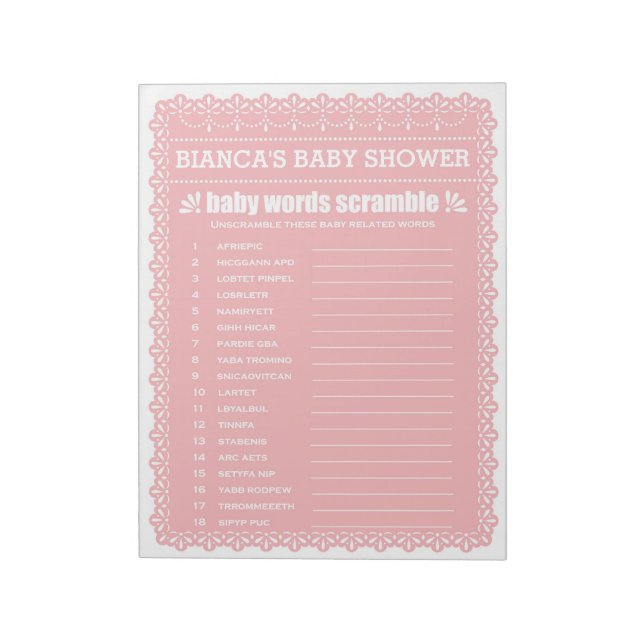 Das Wort knistern Pink Papel Picado Baby Dusche Notizblock (Rotiert)