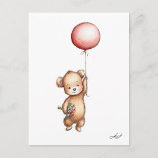 Das Zeichnen des Teddy-Bären mit rotem Ballon und Postkarte