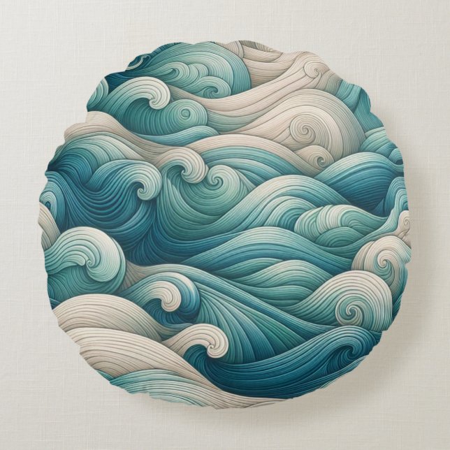 Das Zuhause Studio Ocean Wave Swirl Rundes Kissen (Vorderseite)