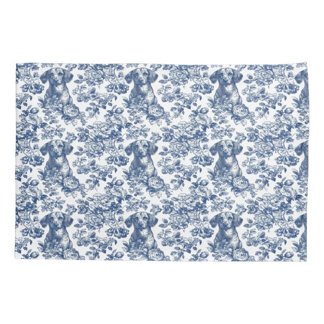 Daschund Dog Blue Toile Pattern Kissenbezug (Rückseite)