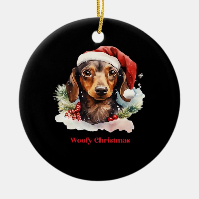 Daschund Dog Christmas Santa Hat Xmas Light Woofy  Keramik Ornament (Vorne)