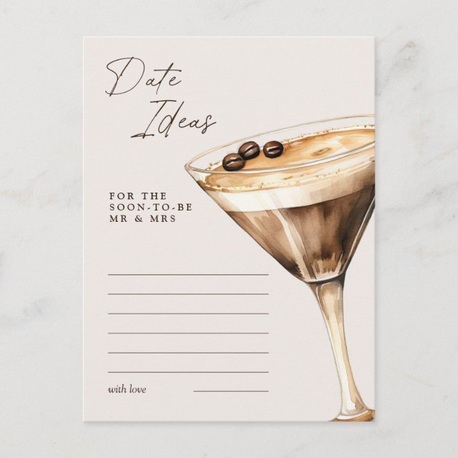 Date Ideas Espresso Martini Brautparty Game Postkarte (Vorderseite)