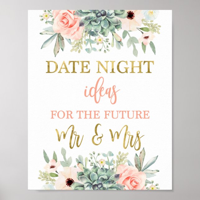 Date Night Ideas Brautparty succules Zeichen Poster (Vorne)