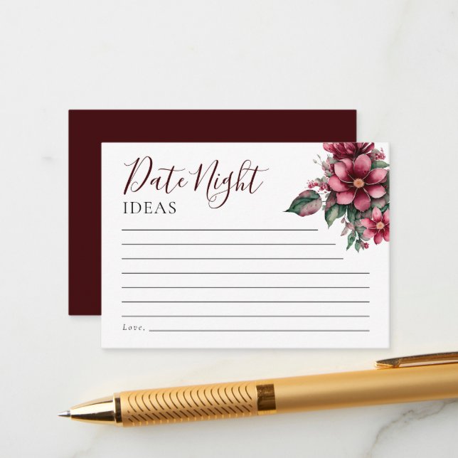 Date Night Ideas Floral Burgundy Brautparty Begleitkarte (Vorderseite/Rückseite Beispiel)
