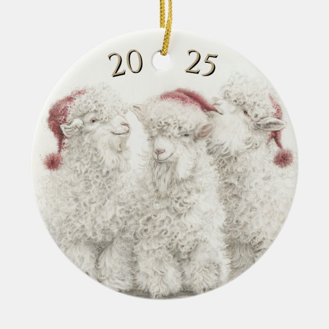 Dated Angora Goat  Trio Santa Hat Christmas Keramik Ornament (Vorne)