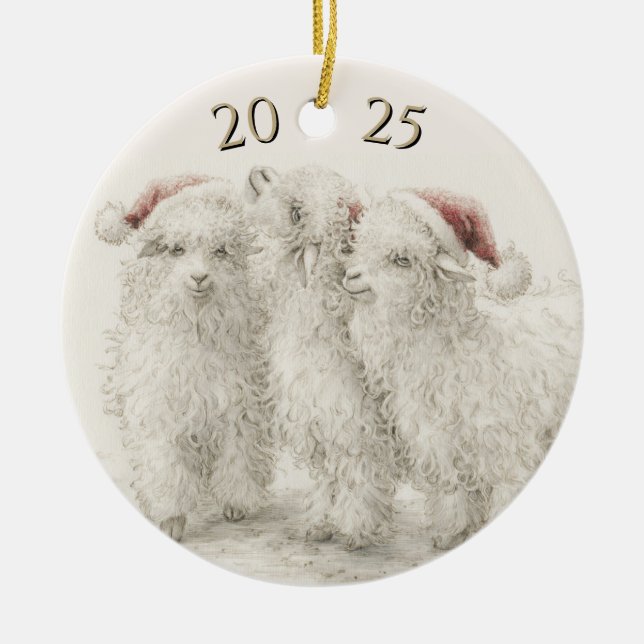 Dated Angora Goat  Trio Santa Hat Christmas Keramik Ornament (Vorne)