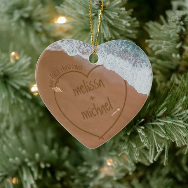 Dated Beach unsere erste Weihnacht mit Namen Keramik Ornament (Baum)