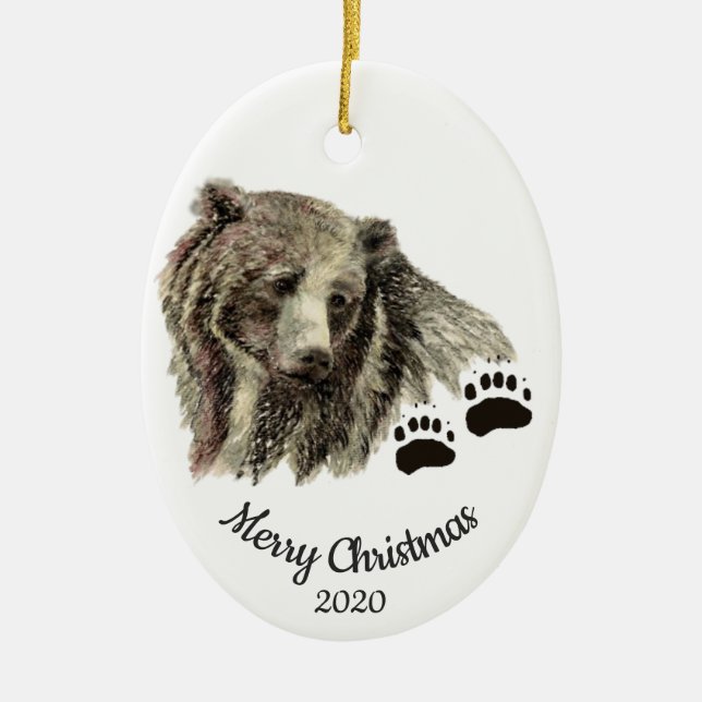 Dated Christmas Custom Watercolor Grizzles Bären Keramik Ornament (Vorne)
