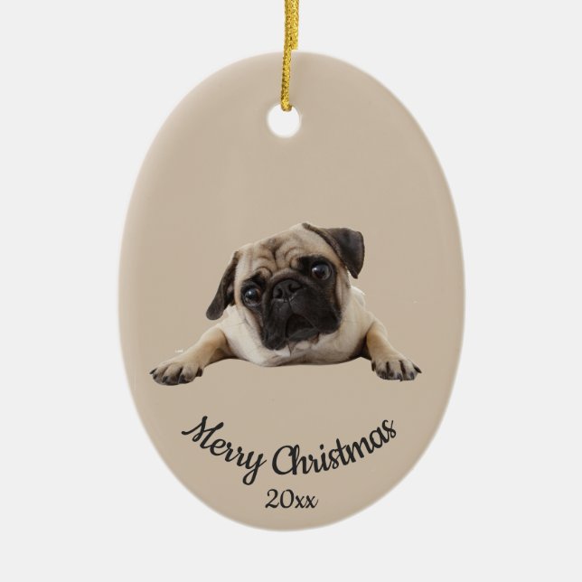 Dated Custom Foto von Christmas Pug Dog Pet Keramik Ornament (Vorne)