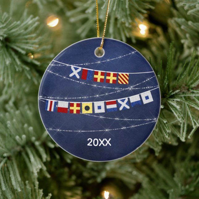 Dated Nautical MerChristmas Signal Flag Keramik Ornament (Baum)