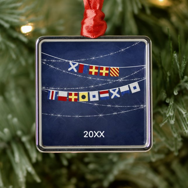 Dated #Nautical Merry #Christmas Signal Flag Ornament Aus Metall (Baum)