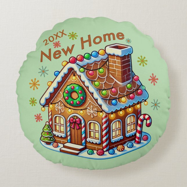 Dated New Zuhause Gingerbread House Rundes Kissen (Vorderseite)