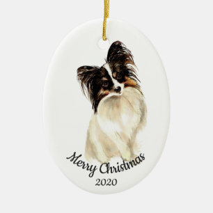 Datierter Weihnachtsbrauch-Aquarell Papillon Hund Keramikornament
