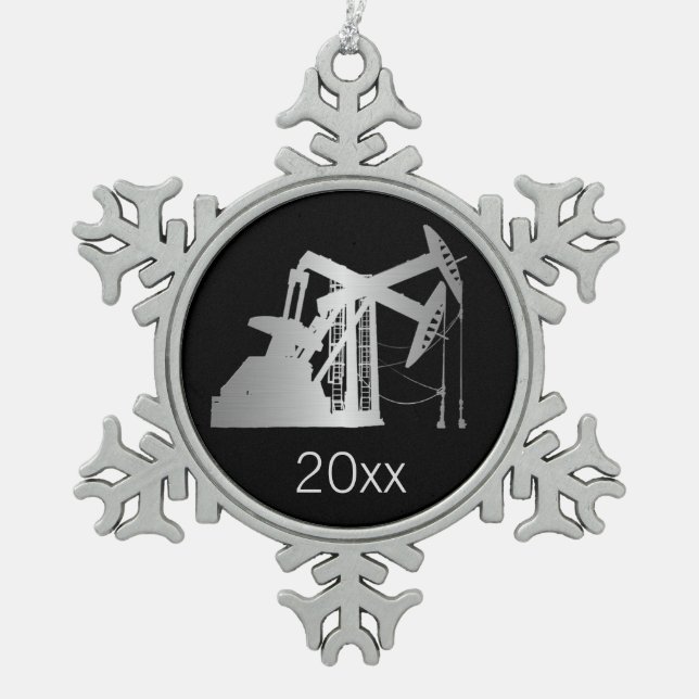 Datiertes silbernes Gadient Ölfeld-Pumpanlagen Schneeflocken Zinn-Ornament (Vorderseite)