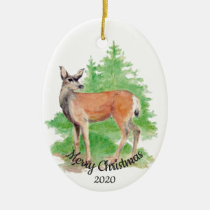 Datiertes Weihnachtsbrauch-Aquarell-Rotwild-Tier Keramikornament