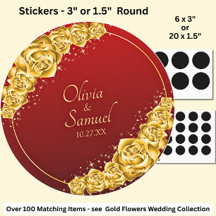 Datum + Braut Bräutigam Namen, Gold Blumen Marone  Runder Aufkleber