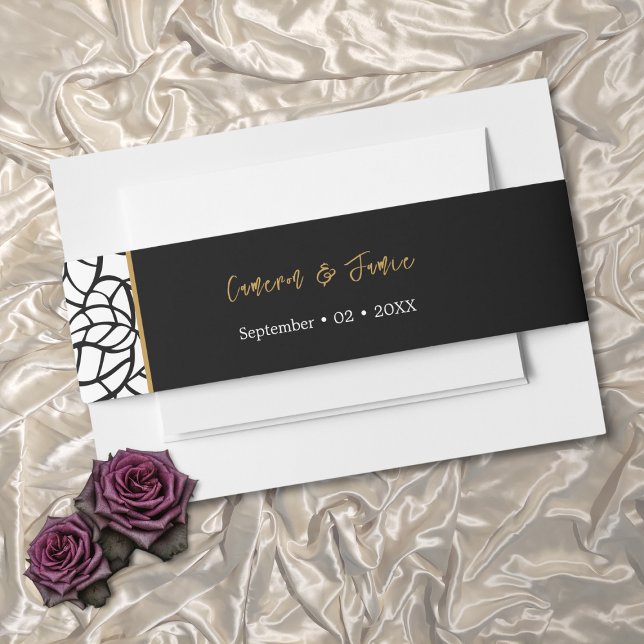 Datum der Schwarz-weißen Bandnamen Einladungsbanderole (Black White Foliage Border Names Date Invitation Belly Band)