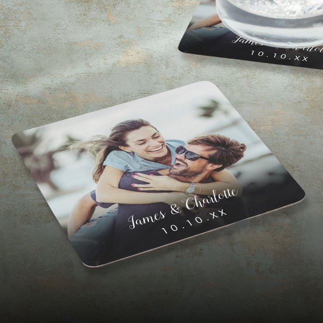 Datum des Minimalistischen Personalisierten Fotos Rechteckiger Pappuntersetzer (Minimalist Personalized Photo Script Name Date Square Paper Coaster)