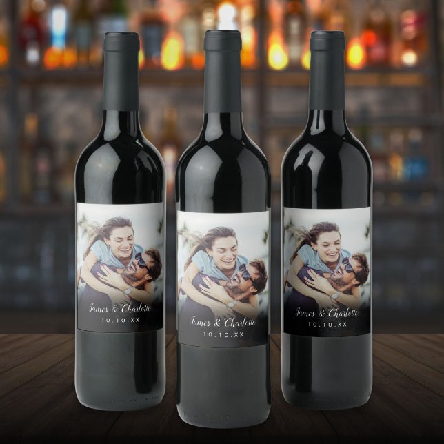 Datum des Minimalistischen Personalisierten Fotos Weinetikett (Minimalist Personalized Photo Script Name Date Wine Label)