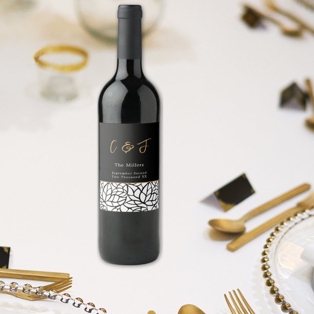 Datum des monographischen Musters des modernen bot Weinetikett (Modern Botanical Leaf Pattern Monogram Date Wine Label)