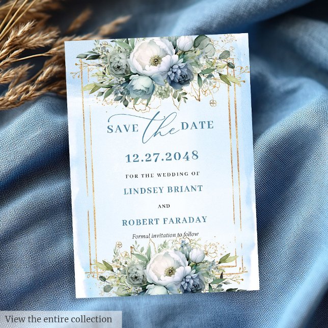 Datum des Rett der Aquarellfarben Dusty Blue White Einladung (Watercolor Dusty Blue White Gold Floral Save The Date)