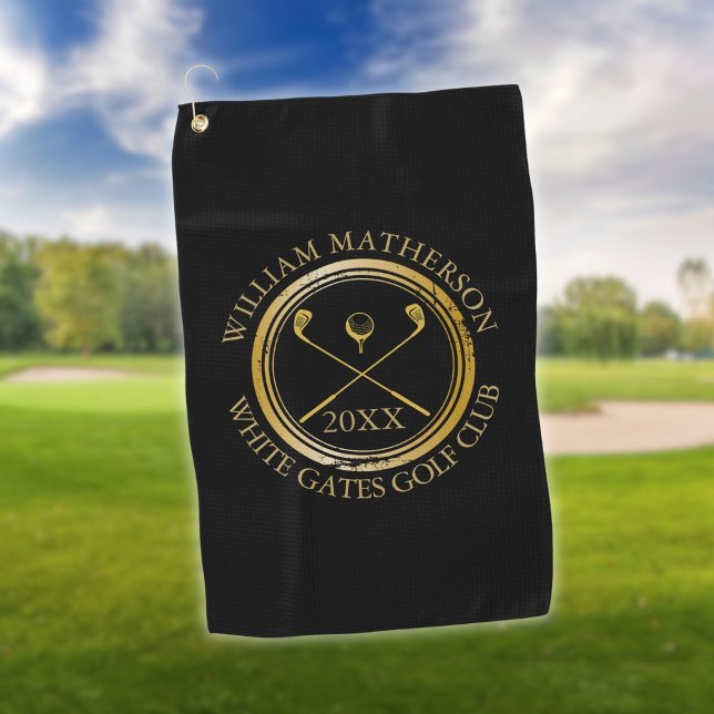 Datum des Schwarzen und Golfers und des Clubnamens Golfhandtuch (Black and Gold Golfer And Club Name Date Golf Towel)