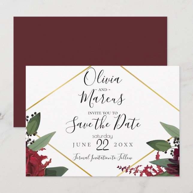 Datum freihalten | Elegant Burgundy Marsala Floral Einladung (Vorne/Hinten)