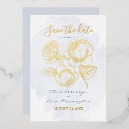 Datum freihalten | Gold Gilded Rose auf Dusty Blue Folieneinladung