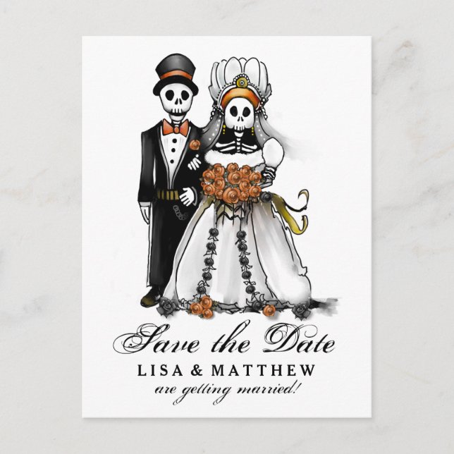 Datum Halloween Skeletons Orange PostCard gerettet Ankündigungspostkarte (Vorderseite)