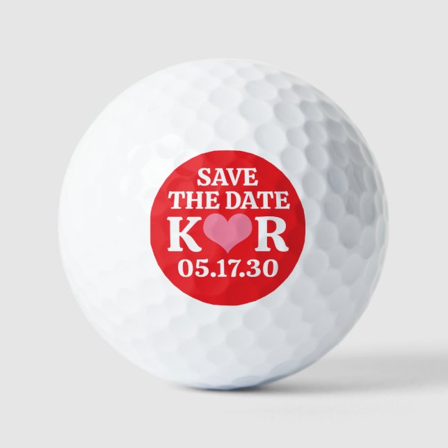 DATUM MERKEN Pinkes Herz MONOGRAMM Rotes Hintergru Golfball (Vorderseite)