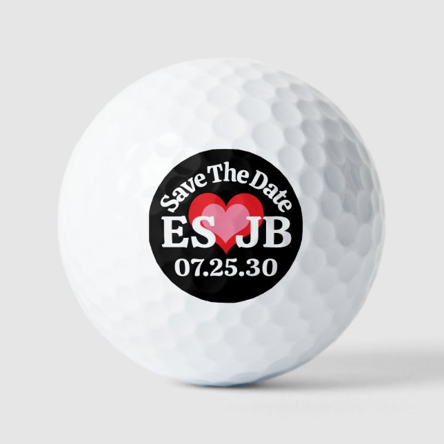 DATUM SPEICHERN Rot Pink Herz MONOGRAMM Schwarzer  Golfball (Vorderseite)