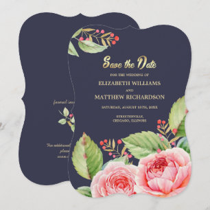 Datum vormerken. Navyblaue Wasserfarben-Blumenkart Save The Date