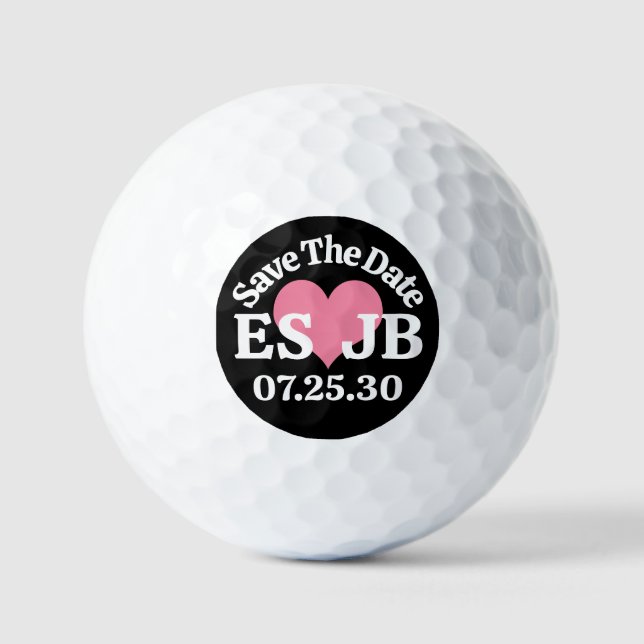DATUM VORMERKEN Rosa Herz MONOGRAMM Schwarzer Hint Golfball (Vorderseite)