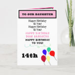 Daughter Birthday Balloons Cupcakes NAME Karte<br><div class="desc">Happy Birthday DAUGHTER ist in schwarz und rosa Typografie geschrieben. Geben Sie den Namen 14. Geburtstag oder jedes Alter ein (entfernen Sie, um leer verlassen, wenn die Adresse an MAMA, TUN, GRANDMOTHER). Personalisieren Sie für unsere Tochter, oder für unsere Enkelin, für meinen Cousin, etc. Innen links hat die Formulierung, Sie...</div>