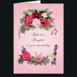 Daughter Birthday Gorgeous Rose<br><div class="desc">Diese Geburtstagskarte für eine Tochter hat wunderschöne Rose in voller Blüte. Der rosa Hintergrund hat blass rosa Rosen,  die durch das Bild hindurch zeigen. Eine wunderschöne,  traditionelle Geburtstagskarte,  die wirklich Freude bereiten wird.</div>