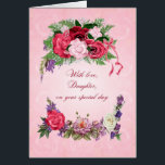 Daughter Birthday Gorgeous Rose<br><div class="desc">Diese Geburtstagskarte für eine Tochter hat wunderschöne Rose in voller Blüte. Der rosa Hintergrund hat blass rosa Rosen,  die durch das Bild hindurch zeigen. Eine wunderschöne,  traditionelle Geburtstagskarte,  die wirklich Freude bereiten wird.</div>