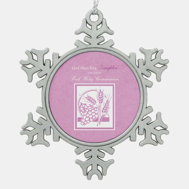 Daughter Erste Kommune, rosa Schneeflocken Zinn-Ornament (Vorderseite)